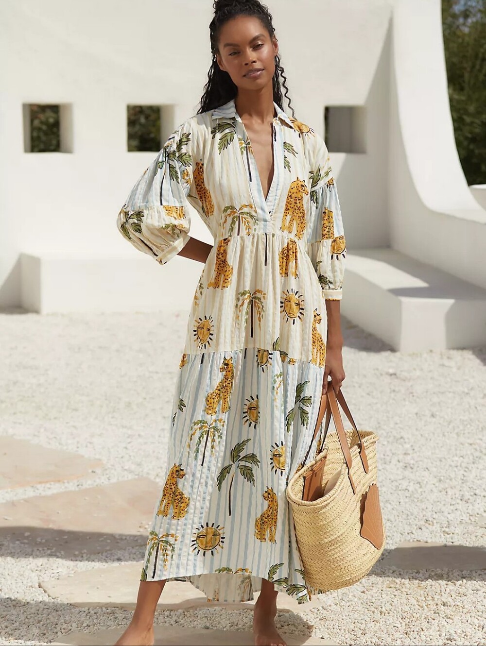 Sale! Anthropologie Cream Maxi Dress with Yellow Sun & Leopard Print
